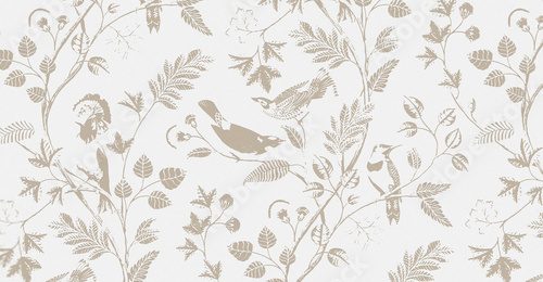 Fototapeta Delicate beige floral illustration on a soft white background with fine dotted texture and flowing vine design.