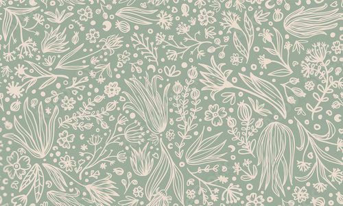 Fototapeta Different doodled vector botanical elements, flowers, leaves, branches, grass, herbs with dots and hearts seamless repeat pattern. All over surface print on sage green background.
