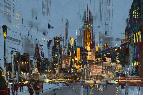 Fototapeta digital painting of city at night with colorful lights.