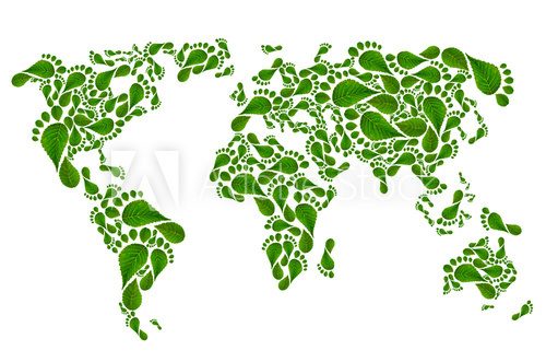 Fototapeta ecological map of the world in green foot print,