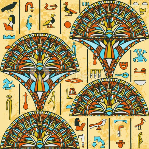 Fototapeta Egypt colorful ornament with ancient Egyptian hieroglyphs on aged paper background,. Vector seamless pattern. Hand drawn illustration