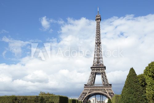 Fototapeta Eiffel Tower distant landscape view, copy space