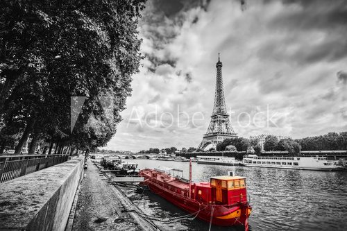 Fototapeta Eiffel Tower over Seine river in Paris, France. Vintage