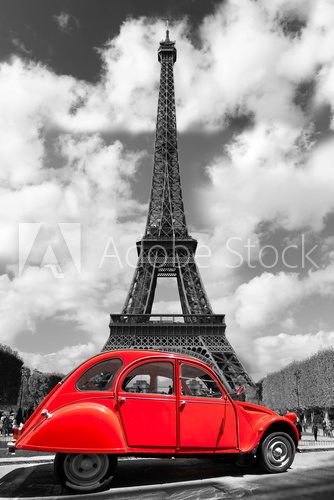 Fototapeta Eiffel Tower with red old car in Paris, France