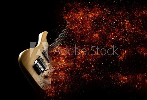 Fototapeta Electric Guitar in fire Isolated on Black