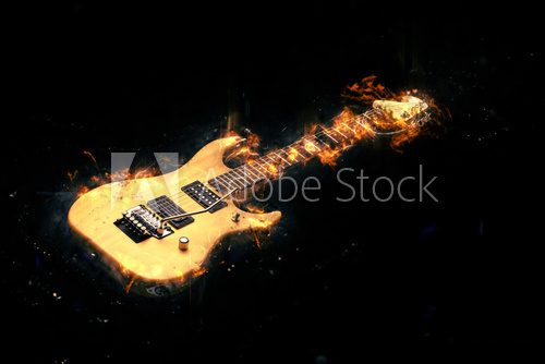 Fototapeta Electric Guitar on fire on Black Background