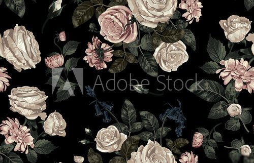 Fototapeta Elegant pattern of blush toned rustic flowers isolated in a solid background great for textile print, background, handmade card design, invitations, wallpaper, packaging, interior or fashion designs.