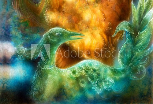 Fototapeta fairy emerald green phoenix bird, colorful ornamental fantasy 