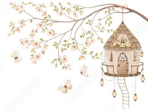 Fototapeta Fairy hanging house with flowers, balcony, lanterns and rope ladder on blossom branch. Watercolor composition of branches, butterflies and cute home for your design room, wallpapers, cards or mural.