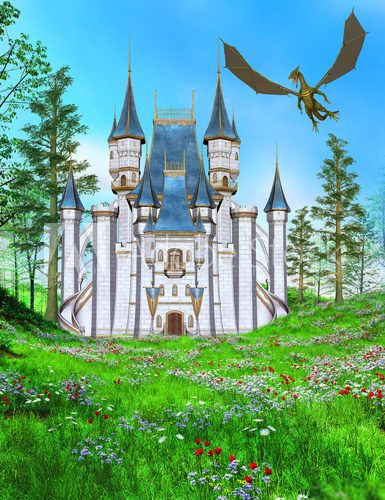 Fototapeta Fairy tale castle and flying dragon