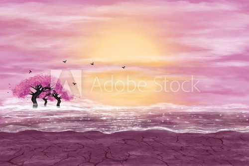 Fototapeta Fantasy landscape in yellow and pink colors