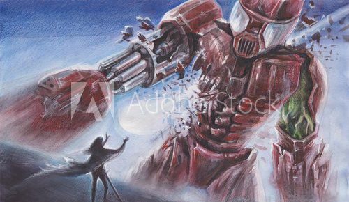 Fototapeta Fantasy Watercolor Landscape -  Big Red Robot fights with a person with magical powers - performed by watercolor and color pencils