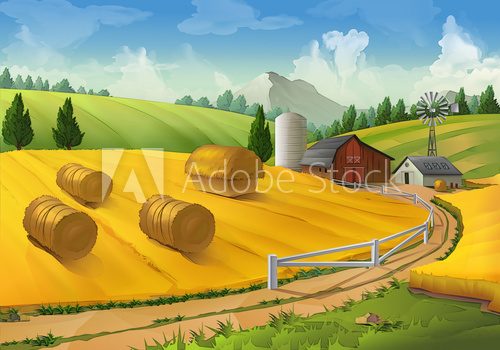 Fototapeta Farm, rural landscape vector background