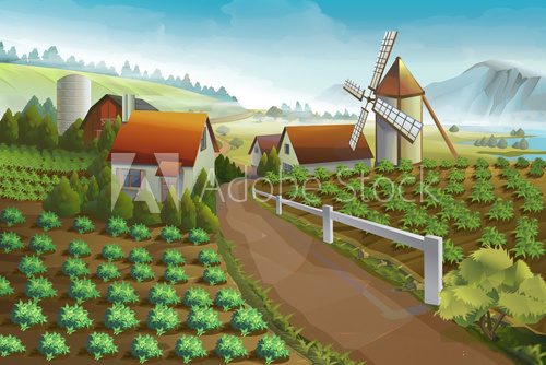 Fototapeta Farm rural landscape, vector background