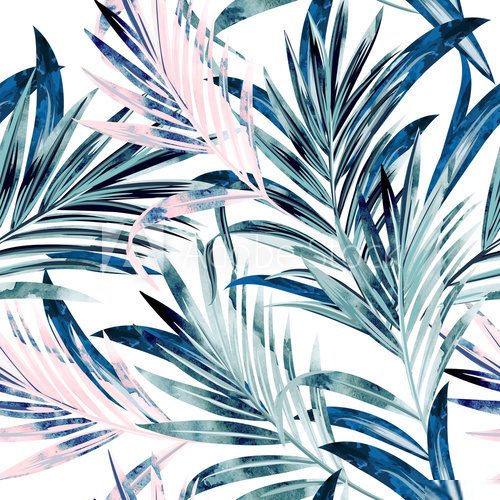 Fototapeta Fashion vector illustration with tropical palm leaves in pink and blue color, watercolor style