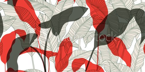 Fototapeta Fashionable seamless floral pattern in vintage style. Sketch of exotic leaves on a light background. Hand-drawn vector illustration.