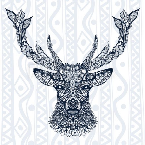 Fototapeta Figure of deer pattern, ornament, leaves and flowers against the backdrop backgrounds. Ethnic ornament