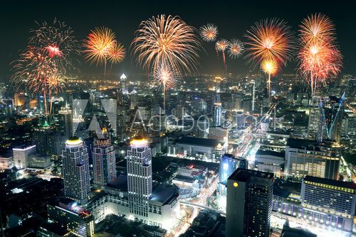 Fototapeta Fireworks celebrating over Bangkok cityscape at night