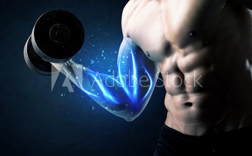 Fototapeta Fit athlete lifting weight with blue muscle light concept