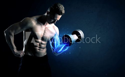 Fototapeta Fit athlete lifting weight with blue muscle light concept