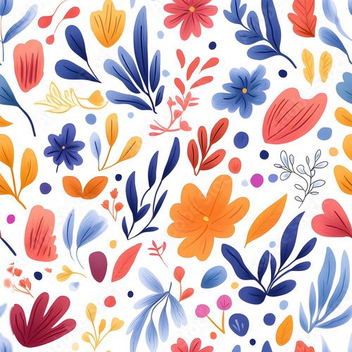 Fototapeta Floral flowers and beautiful colorful leaves wallpaper seamless pattern for interior decoration or background.