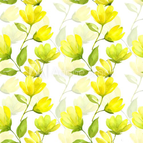 Fototapeta Floral seamless pattern watercolor. Yellow spring flower magnolia. Spring background with beatifull yellow flowers