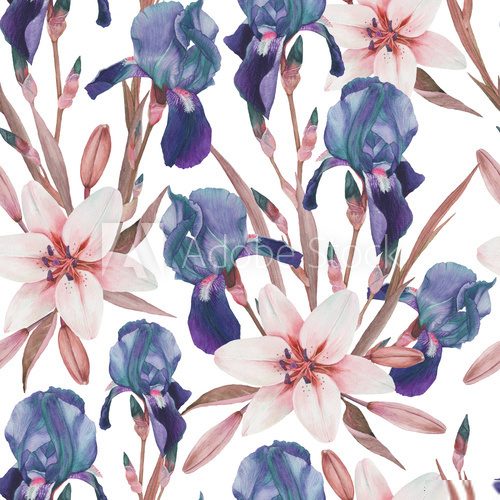 Fototapeta Floral seamless pattern with hand drawn watercolor irises and white lilies in vintage style
