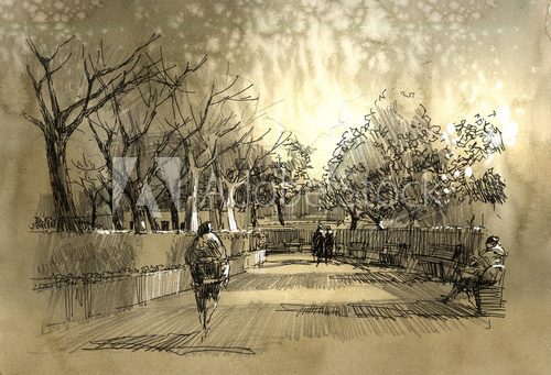 Fototapeta freehand sketch of city park walkway
