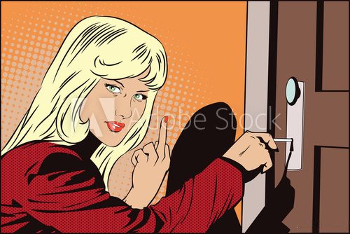 Fototapeta Girl shows rude gesture, opening the door.