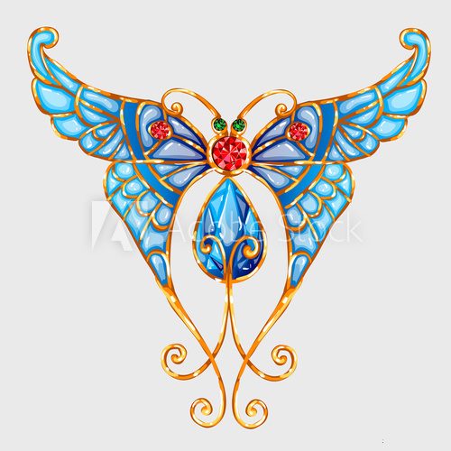 Fototapeta Gold butterfly with blue wings and precious stones