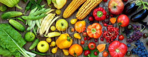 Fototapeta green, red, yellow, purple vegetables and fruits