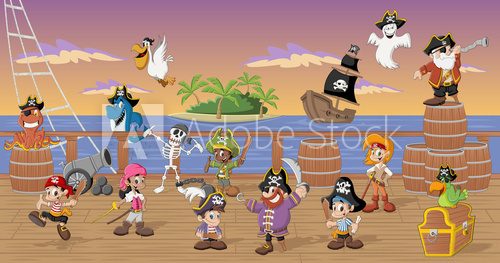 Fototapeta Group of cartoon pirates with funny animals on a decks of a ship