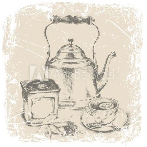 Fototapeta hand drawing of box of tea, cup of tea, tea leaves,lemon.vector illustration