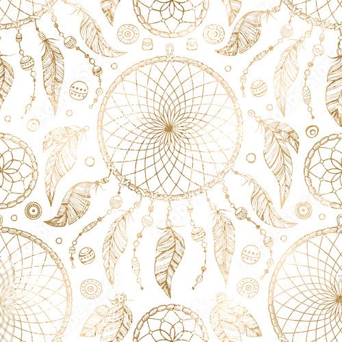 Fototapeta Hand drawn gold boho seamless pattern with indian tribal dream catcher and beads on white background