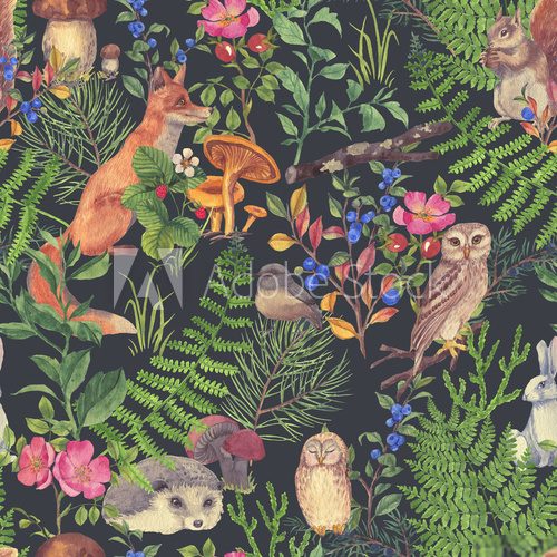 Fototapeta Hand drawn seamless pattern with watercolor forest animals and plants. Pattern for kids wallpaper, wood inhabitants, cute animals