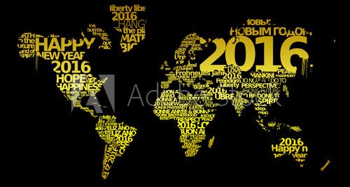 Fototapeta Happy New Year 2016 Golden World map words tag cloud yellow text greetings gold wishes worldwide international language black background 