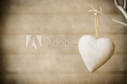 Fototapeta Heart Hanging from Tree on Wood Background - Vintage