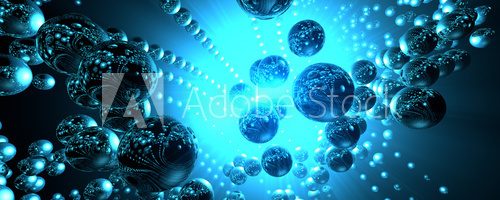 Fototapeta High quality blue lit 3D image of chrome spheres/ball bearings, very wide image format.