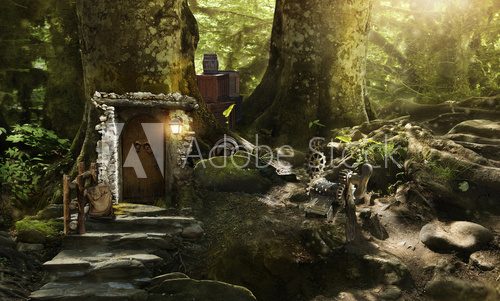 Fototapeta Housing dwarves and elves in a magical forest