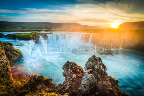 Fototapeta Iceland, Godafoss at sunset, beautiful waterfall, long exposure