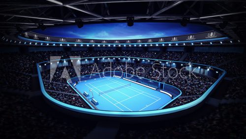 Fototapeta illuminated tennis stadium with court and evening sky