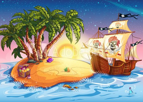 Fototapeta Illustration of treasure island and pirate ship