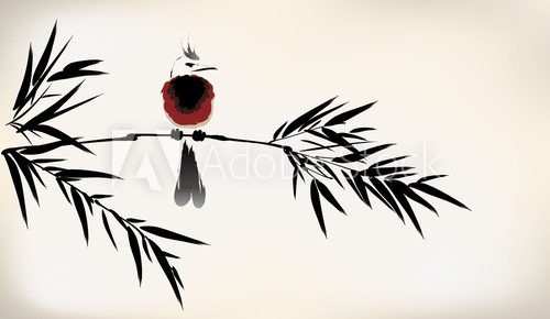 Fototapeta ink painted bamboo and bird