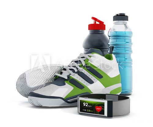 Fototapeta Jogging shoes, water bottles and smartwatch
