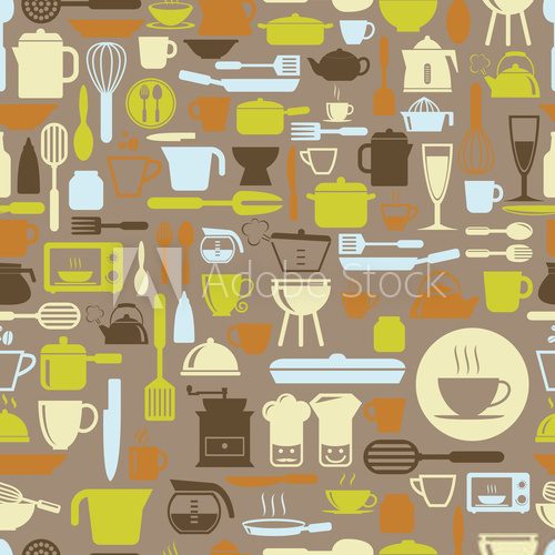 Fototapeta Kitchen tools seamless pattern with retro color, vector format