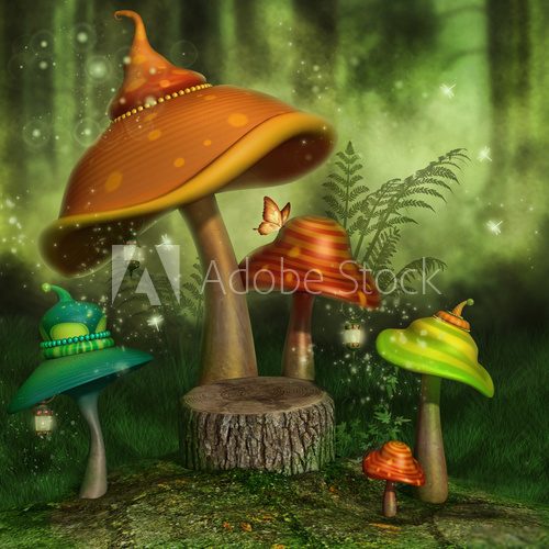 Fototapeta Kolorowe baÅniowe grzyby z lampionami i motylami