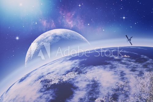 Fototapeta Kosmiczna panorama z planetą i satelitą