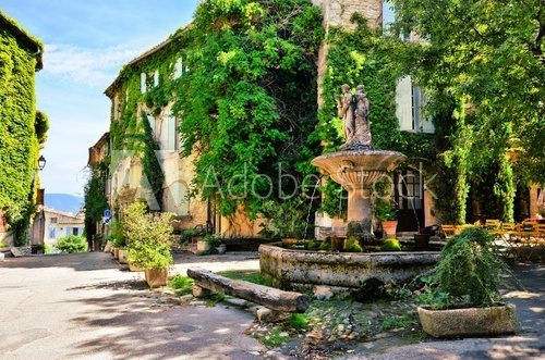 Fototapeta Leafy town square with fountain in a picturesque village in Provence, France