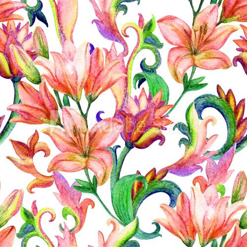 Fototapeta lily seamless pattern with watercolor painted ornament