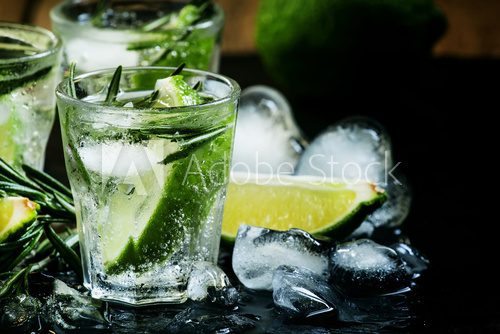 Fototapeta Lime Lemonade with rosemary and ice, dark toned image, selective